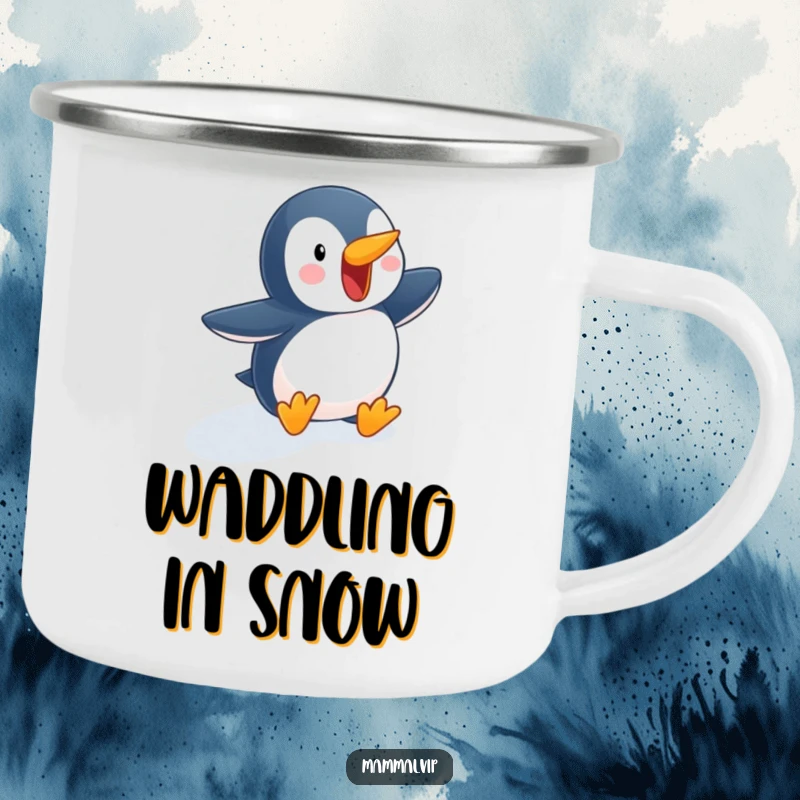 Funny penguin camping mug showing an excited character waddling down a snowy slope, ideal for enjoying beverages during winter adventures with a humorous touch.