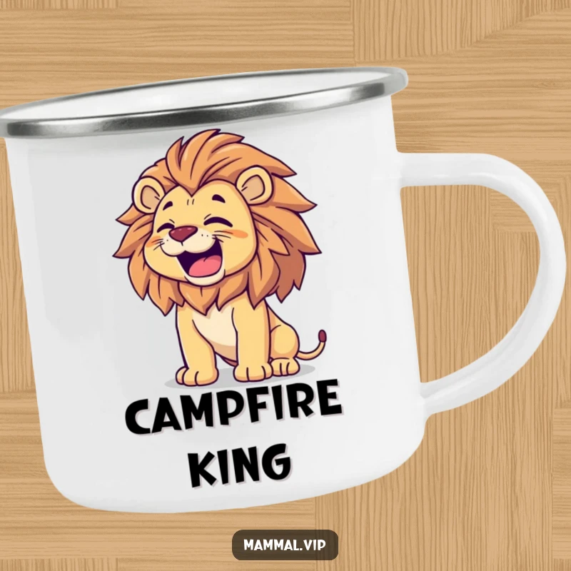 Funny Lion Camping Mug: A proud lion roars happily, mane flying, ideal for enjoying drinks with majestic pride outdoors.
