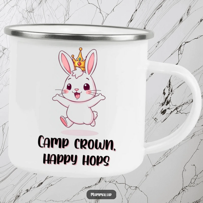 Funny camping mug: a rabbit king hopping joyfully, ready for outdoor adventures and regal sips.