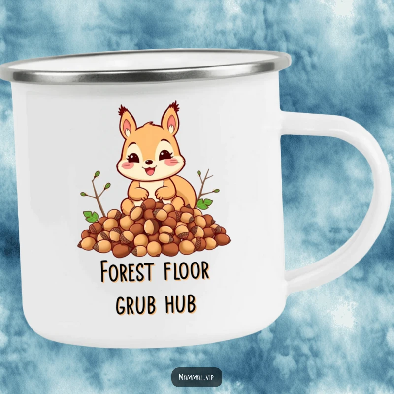 Funny squirrel camping mug with a smiling squirrel collecting a huge mountain of acorns, ideal for outdoor enthusiasts.