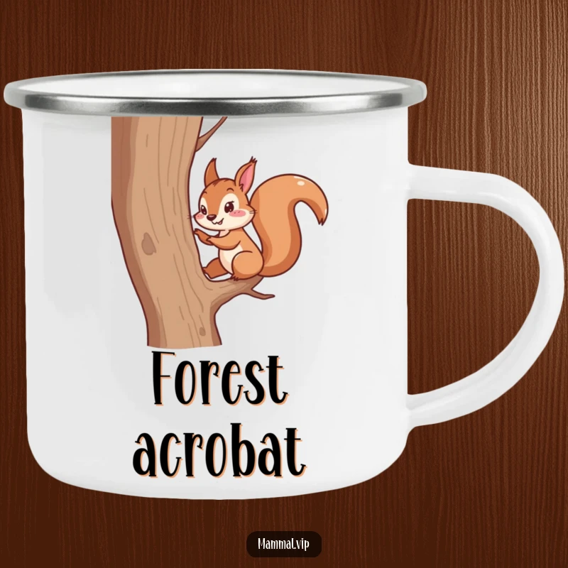Funny camping mug featuring an energetic squirrel character scampering up a tree. Humorous enamel camp cup.