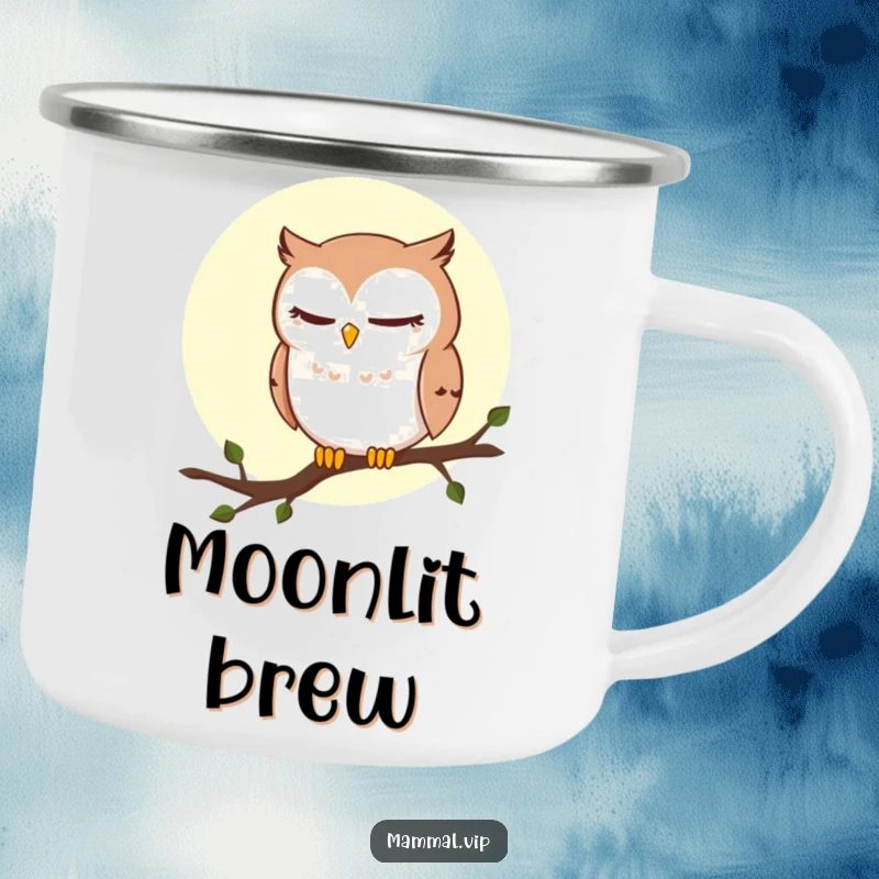 Funny Owl Camping Mug: A sly winking owl on a moonlit branch, ideal for enjoying drinks with nocturnal wit outdoors.
