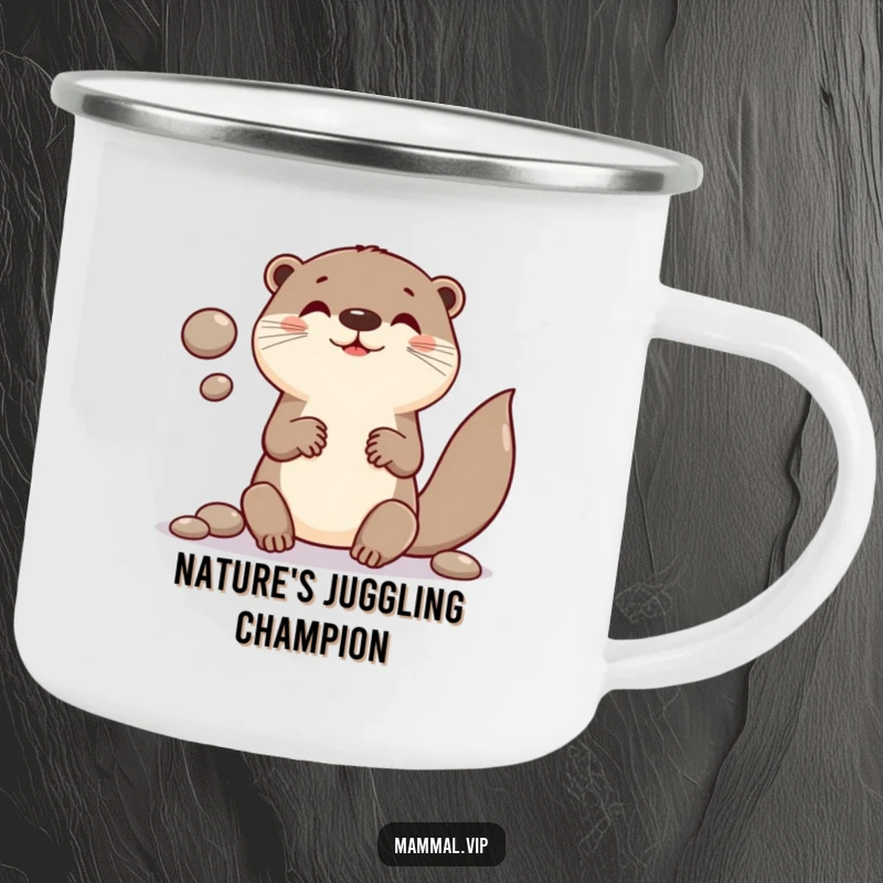 Funny camping mug with a happy otter character showcasing juggling skills with smooth, round pebbles.