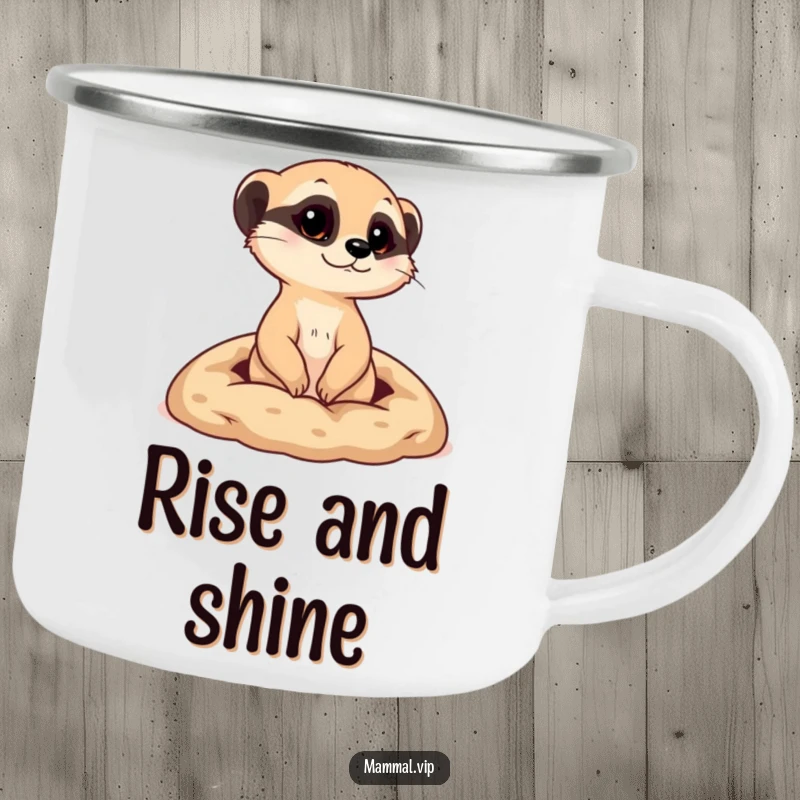 Funny camping mug with a curious meerkat popping its head out from a tiny burrow, perfect for outdoor humor.