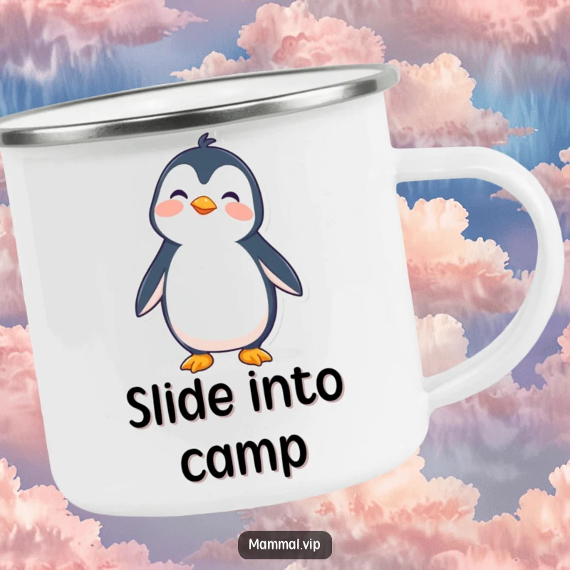 Funny camping mug showing a wobbly penguin character trying to stand, ideal for outdoor enthusiasts who appreciate humor.