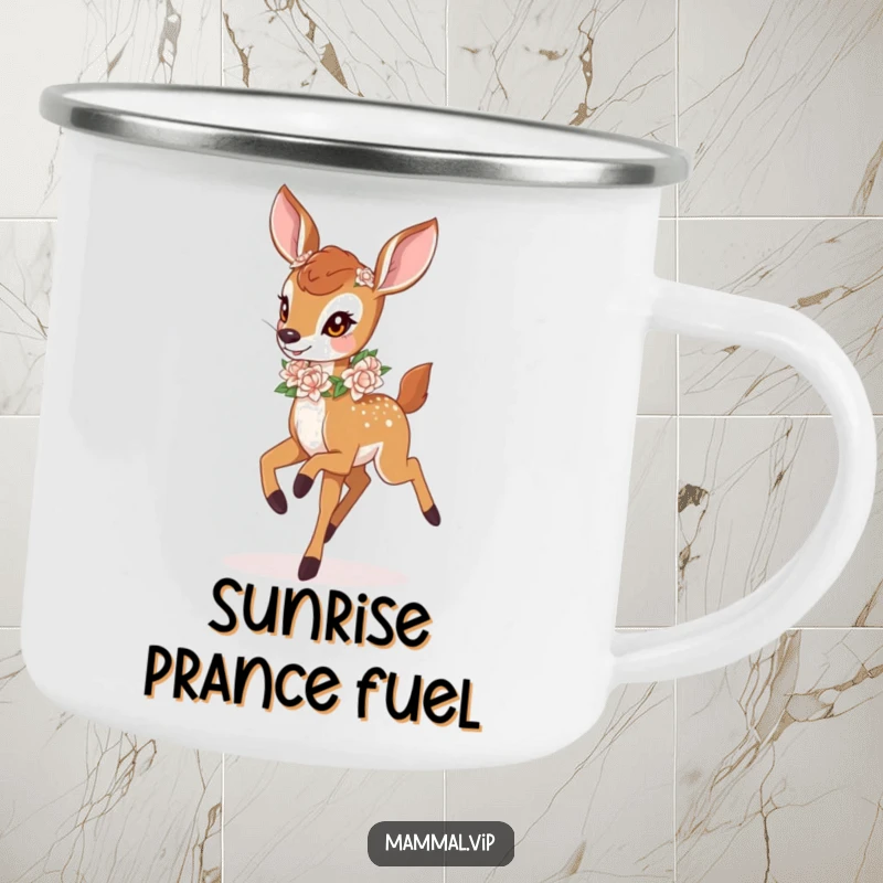 Funny deer fawn with a flower garland, on a rustic camping mug. A whimsical funny gift.