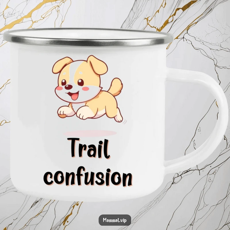 Funny dog chasing tail camping mug, a durable cup with a dog spinning, suitable for outdoor activities and humor.