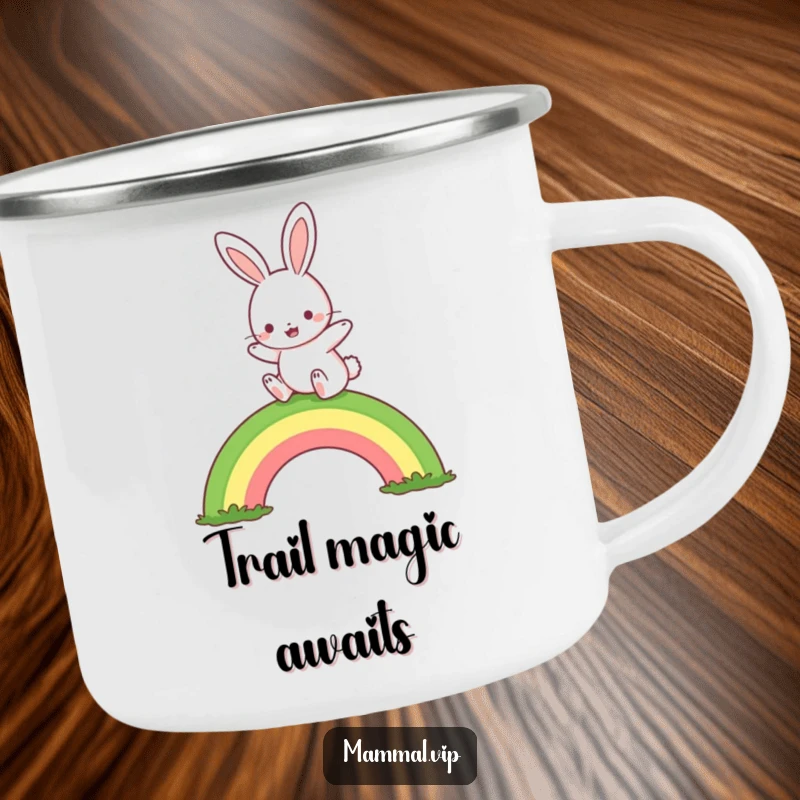 Funny rabbit rainbow hop camping mug, showing a cute character joyfully hopping over a rainbow, perfect for outdoors and a funny gift.