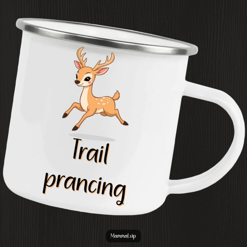 Funny camping mug depicting a happy deer character prancing with elegant leaps, perfect for outdoor enthusiasts who appreciate nature's beauty.