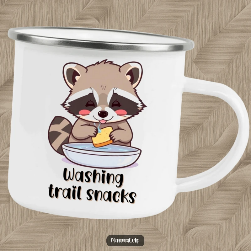 Funny Raccoon Camping Mug: Playful raccoon character washing food with great care, designed for outdoor adventures and humor.