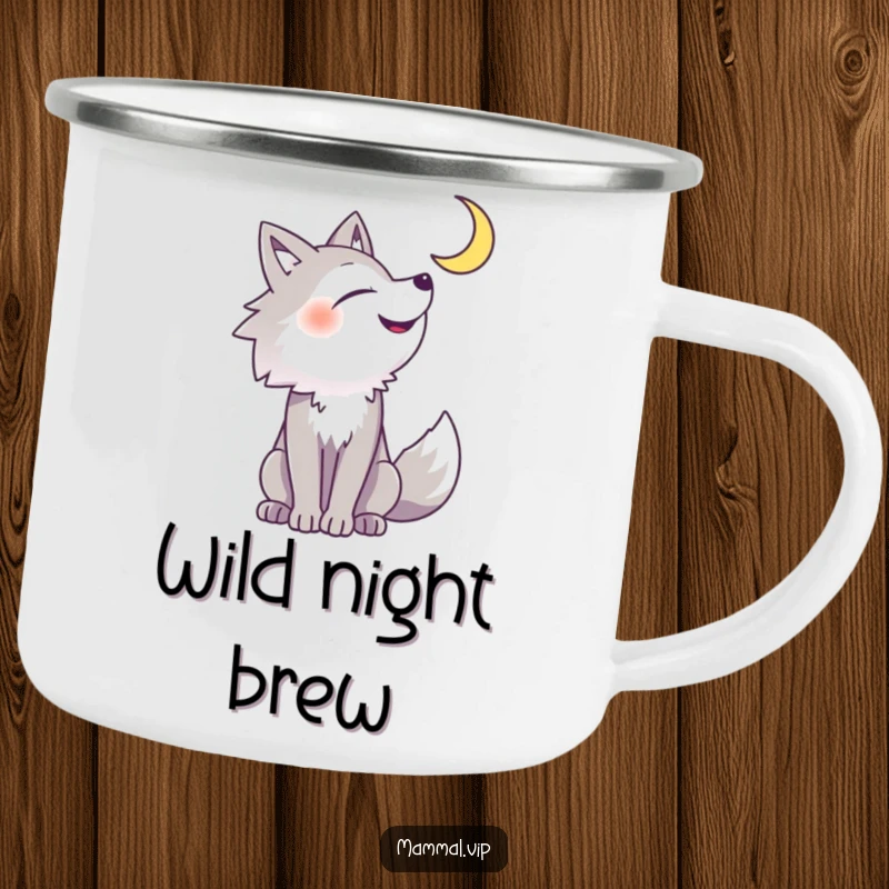 Funny wolf camping mug featuring a cheerful wolf howling at a crescent moon, ideal for rugged, humorous outdoor enjoyment.