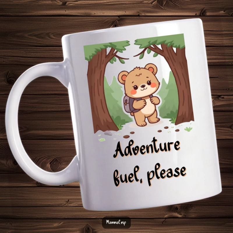 Funny bear cub with a backpack exploring a lush forest, printed on a mug. Cute and adventurous gift idea.