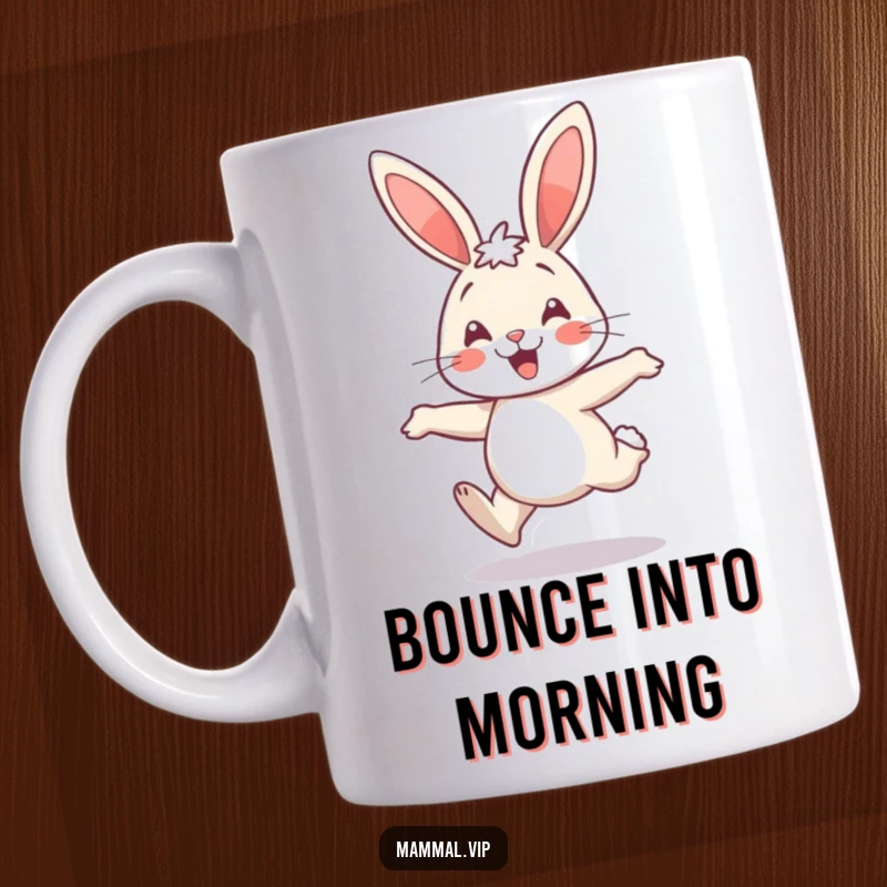 Funny cheerful rabbit hopping with excitement, a joyful and humorous mug.