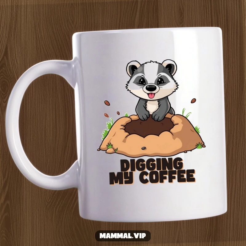 Funny mug showing a determined badger character enthusiastically digging a comically oversized hole with its paws, a symbol of ambition.