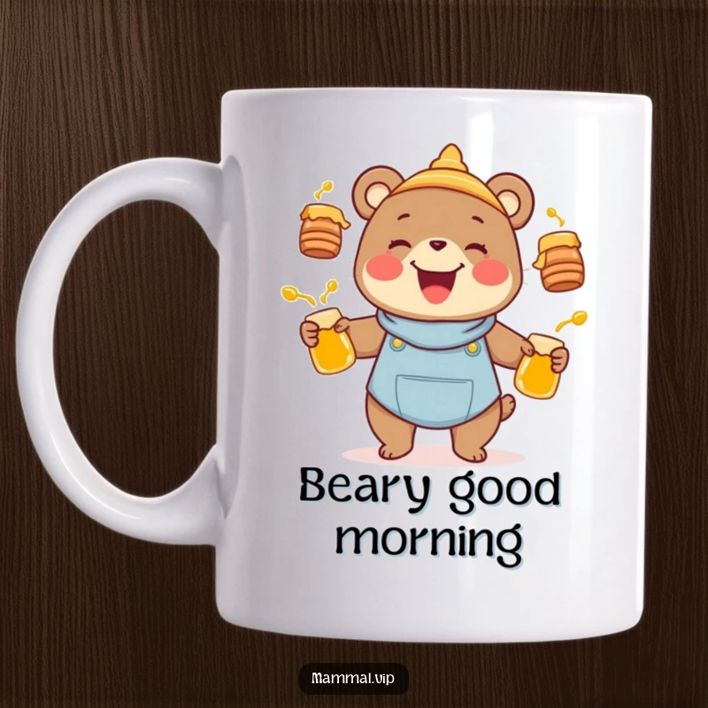 Funny joyful bear character happily juggling multiple honey pots on a mug, a humorous animal lover and sweet treat gift.