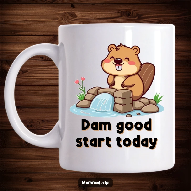 Funny beaver mug featuring a happy character enthusiastically building a small dam, perfect for hardworking individuals and lovers of cute animal art.