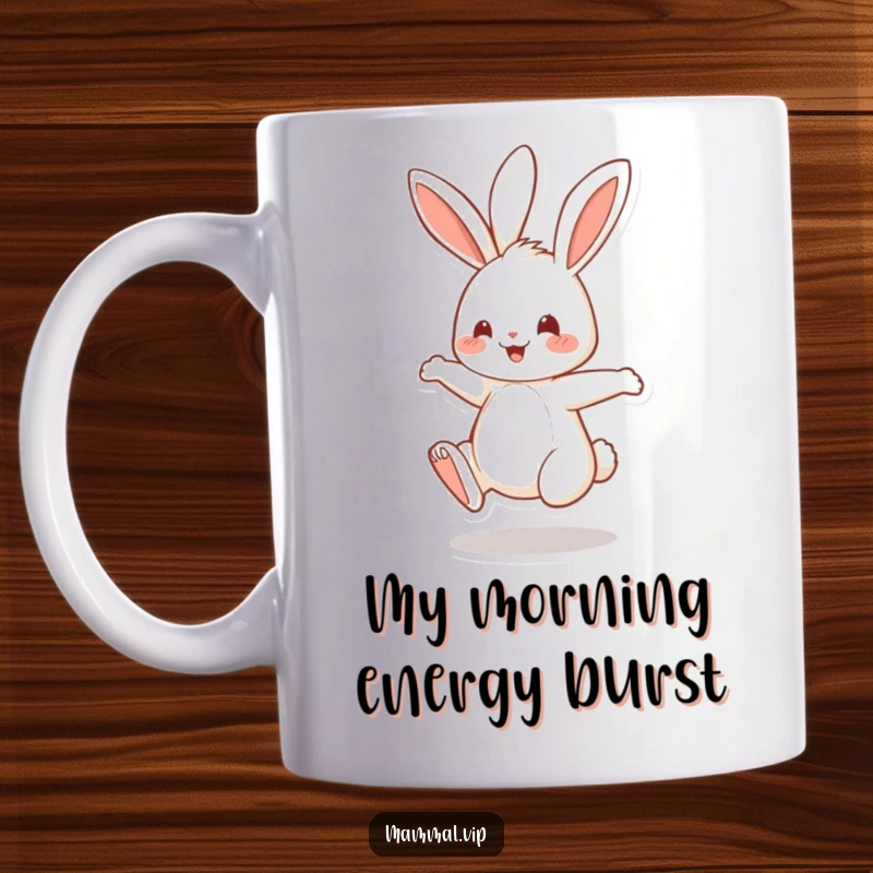 Funny Mug featuring a cheerful rabbit character energetically bouncing on its hind legs, radiating pure joy and playful energy.