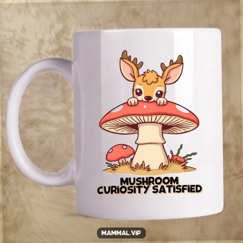 Funny deer mug showing a curious deer peeking inquisitively over a huge, stylized mushroom in a whimsical forest setting.