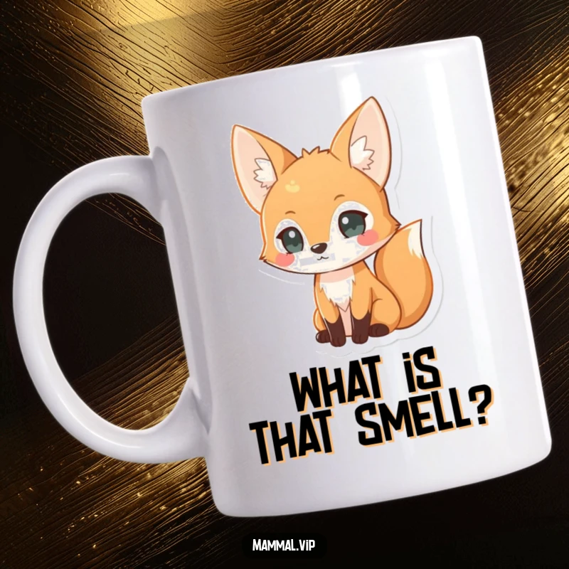 Funny curious fox mug, an alert fox with wide eyes, perfect for coffee lovers who are observant and witty.