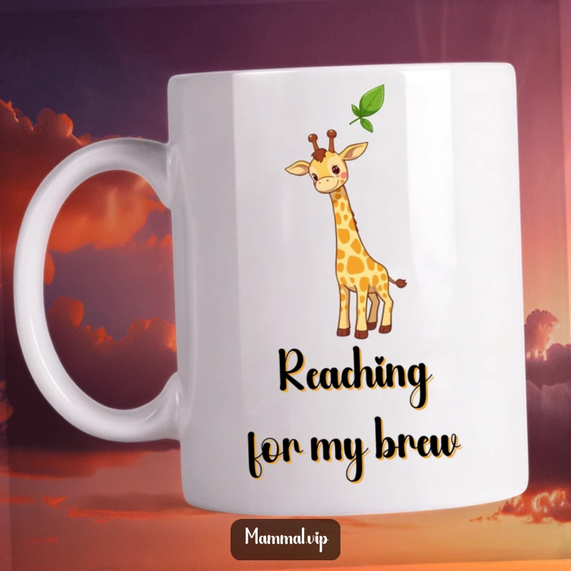 Funny mug with a curious giraffe character stretching its long neck towards a high leaf, showcasing gentle ambition and a playful spirit.