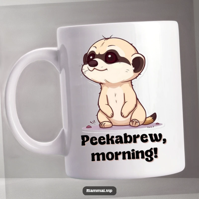 Funny Meerkat Mug: Curious meerkat character pops its head up from the ground, looking around alertly with a touch of humor.