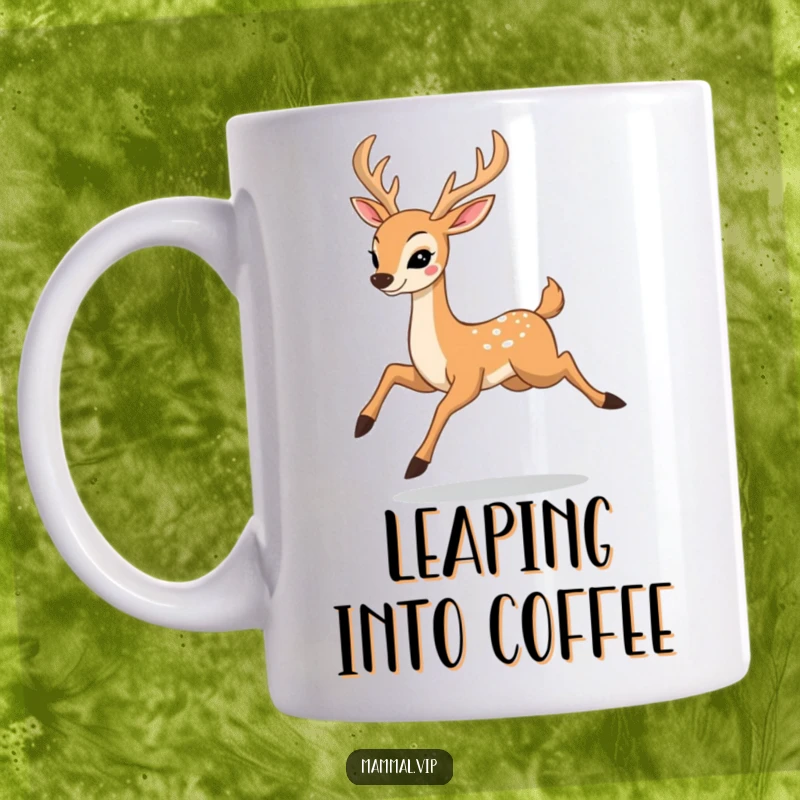 Funny mug showing a happy deer character gracefully prancing and leaping with elegant movements, capturing a joyful woodland scene.