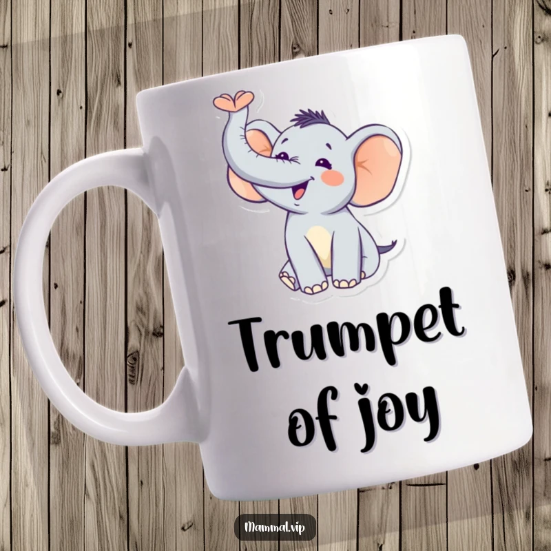Funny Elephant Trumpet Mug: A joyful elephant trumpeting loudly with its trunk raised high in celebration. Humorous gift.