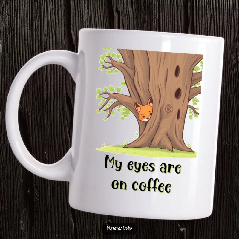 Funny fox kit character curiously peeking from behind a large oak tree, embodying playful intrigue and a hint of mischief.