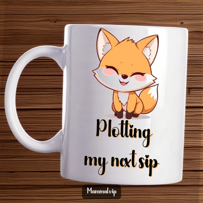 Funny Mug featuring a playful fox character sneaking up with a very mischievous and knowing grin, exuding cleverness.