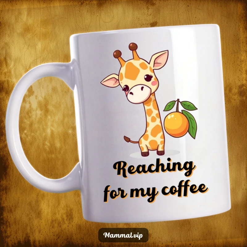 Funny mug showing a cute giraffe character comically stretching to reach a low-hanging piece of fruit, highlighting a humorous effort.