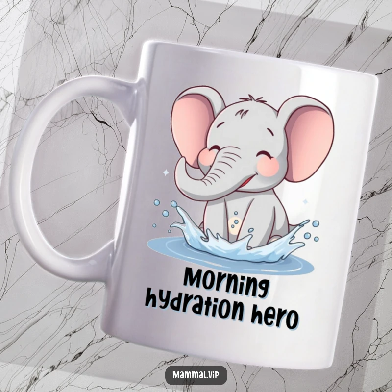 Funny Elephant Mug showing a cheerful elephant joyfully splashing water with its trunk, a hilarious gift for animal lovers.