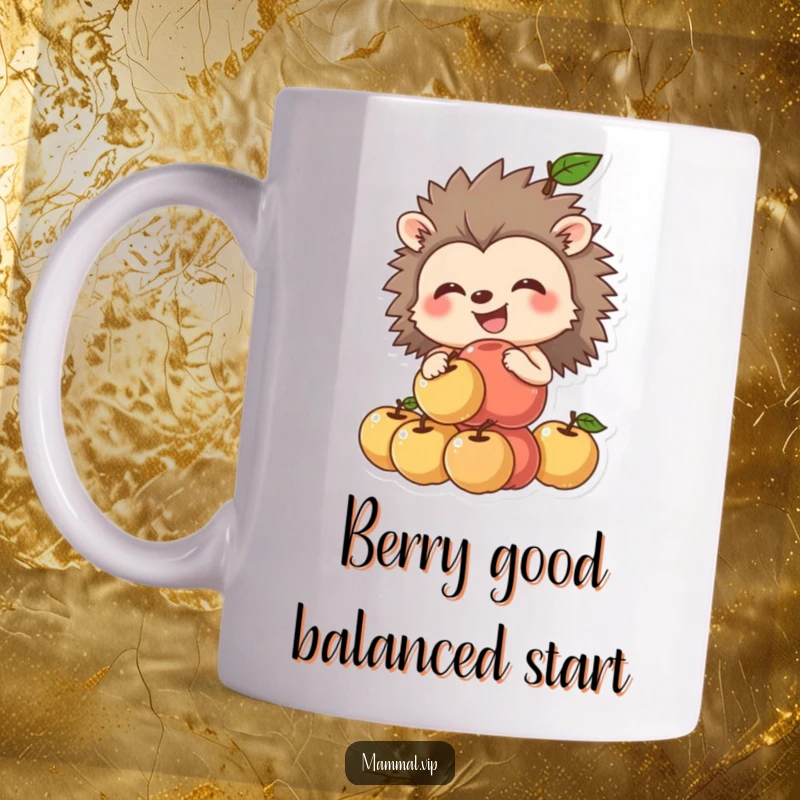 Funny hedgehog mug featuring a grinning hedgehog precariously balancing a tall stack of ripe apples, showcasing charming determination.