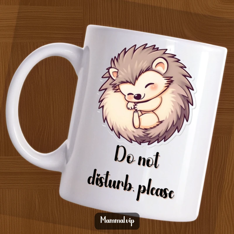 Funny hedgehog mug showing a cute hedgehog character perfectly curled into a tight, defensive ball, looking both adorable and slightly overwhelmed.