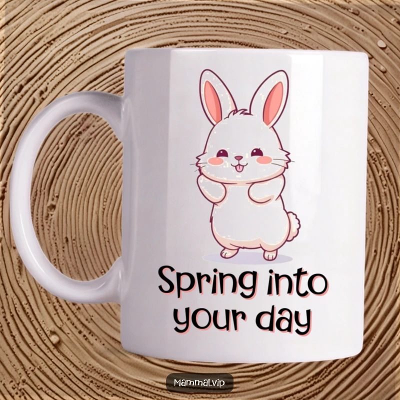Funny Jumping Rabbit Mug showing a fluffy rabbit in mid-air with hind legs extended, ready to spring into action.