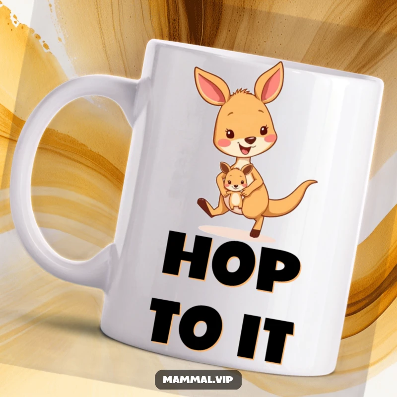 Funny kangaroo mug featuring a smiling character energetically hopping with a baby joey, perfect for moms and animal lovers who appreciate playful energy.