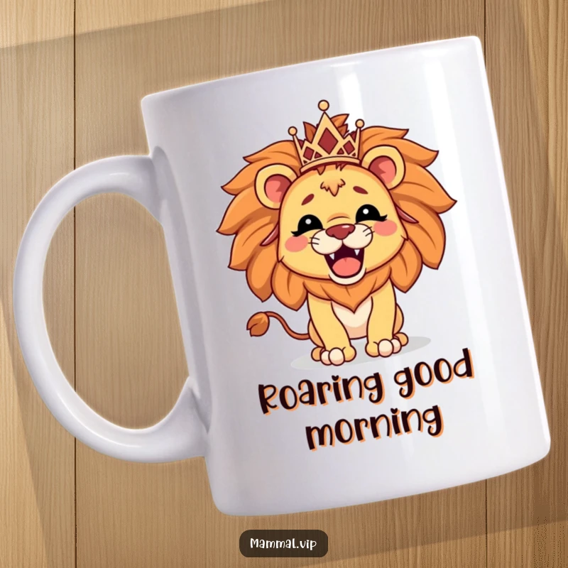 Funny mug with a proud lion character wearing a tiny tiara and roaring, embodying confidence and humor.