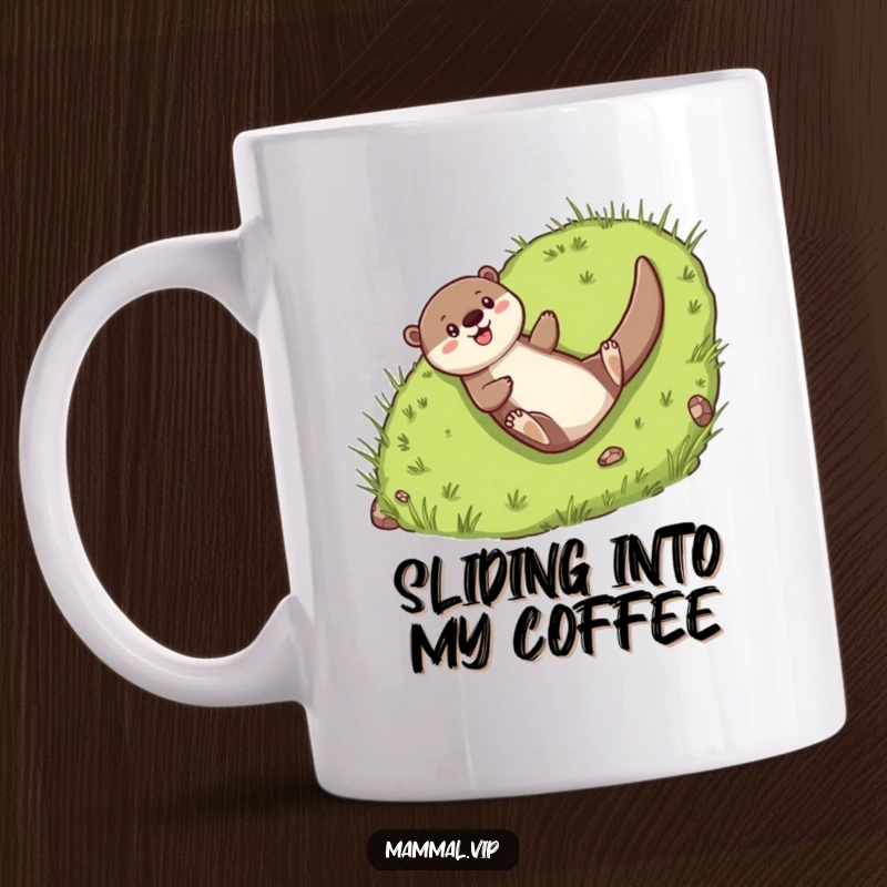 Funny Mug: Cheerful otter character joyfully sliding down a green grassy hill.