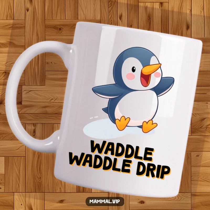 Funny penguin mug featuring an excited character waddling down a snowy slope, perfect for winter enthusiasts and lovers of cute, humorous animals.