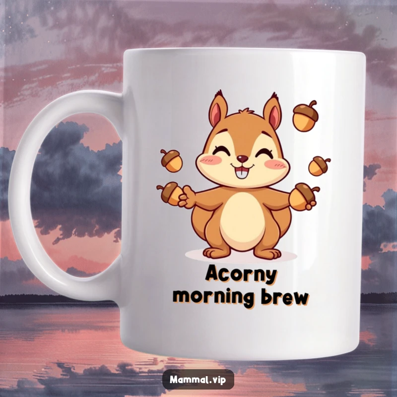 Funny Squirrel Mug: A cheerful squirrel character skillfully juggles three acorns, showcasing its playful and busy nature.