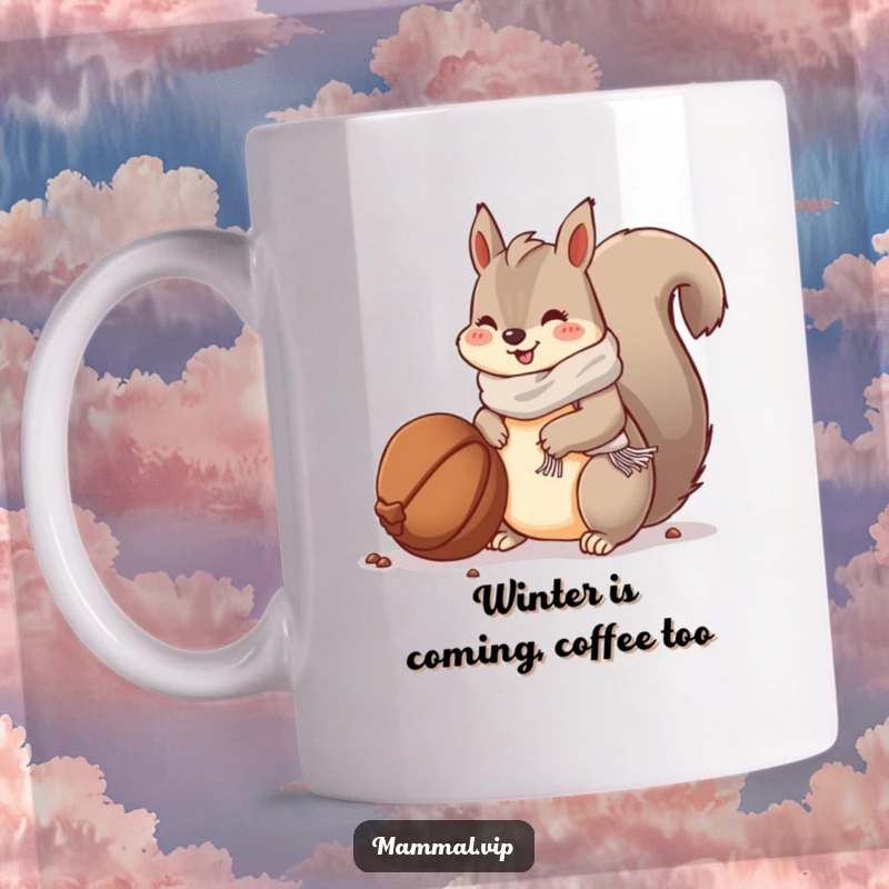 Funny mug: a happy squirrel in a small scarf, diligently burying a giant nut for winter.