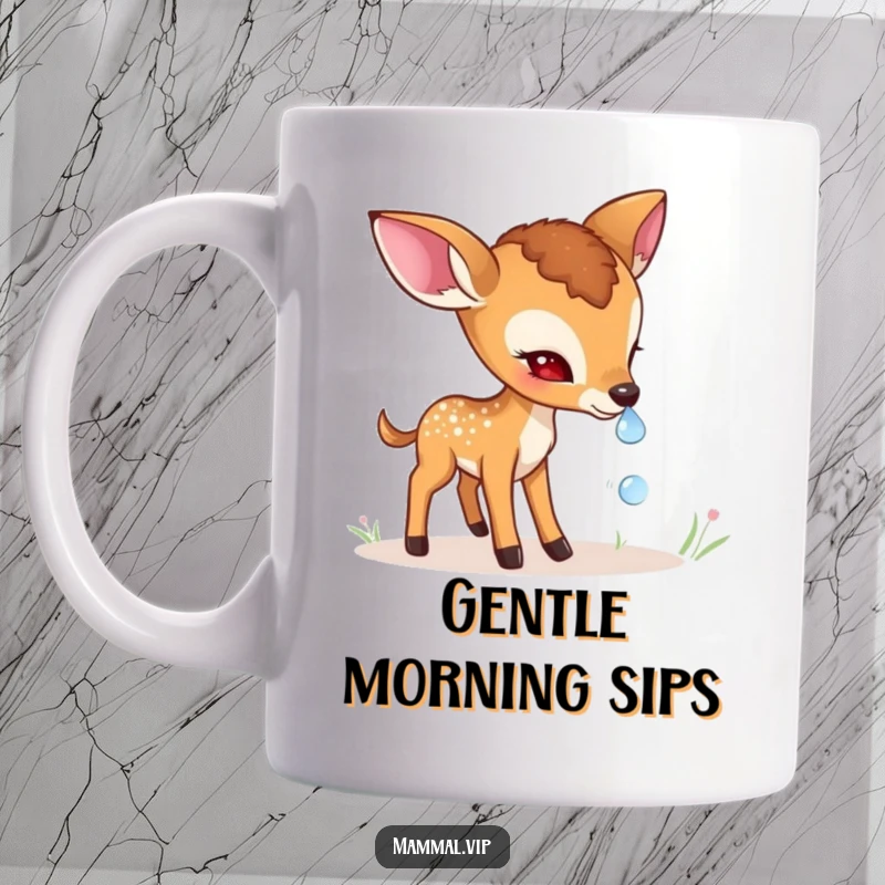 Funny shy deer fawn mug with a gentle character cautiously sniffing a glistening dewdrop, evoking a sense of peace and nature.