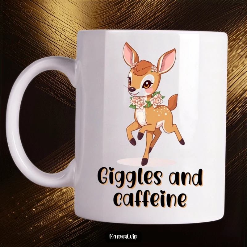 Funny deer fawn wearing a flower garland, prancing joyfully, on a mug. A delightful and funny gift.