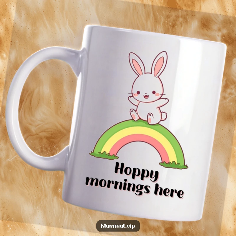 Funny rabbit hopping over a rainbow mug, a cute character filled with joy, making it a delightful funny gift.