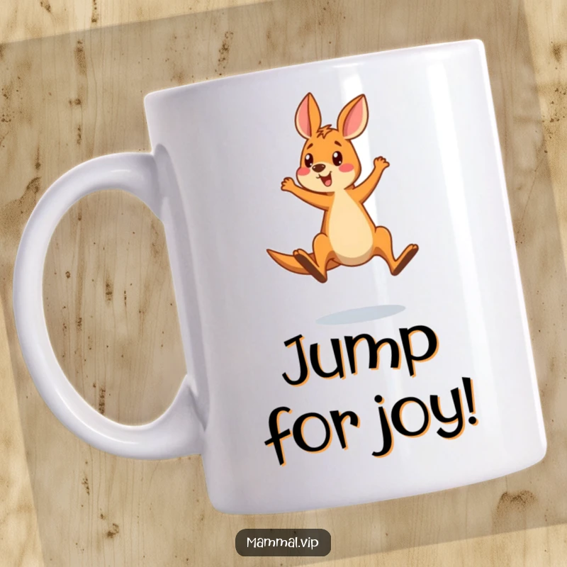 Funny mug showing a surprised kangaroo comically overshooting a jump, mid-air in a hilarious, unexpected moment.