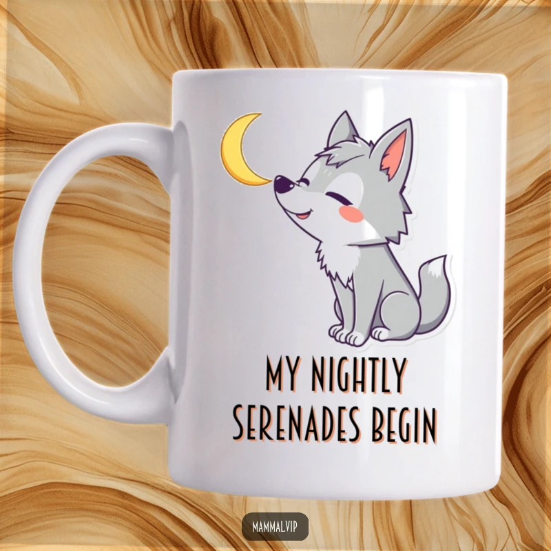 Funny Wolf Mug: A goofy wolf character howls with a big smile at a crescent moon, capturing pure joy and silliness.