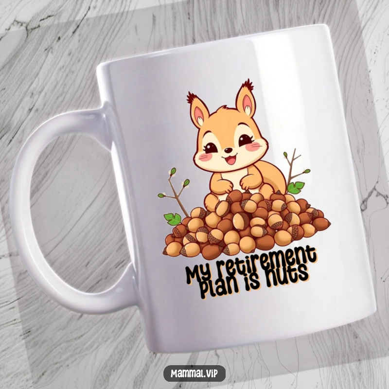 Funny squirrel mug showing a happy squirrel piling a huge mountain of acorns, embodying frantic yet funny hoarding behavior.