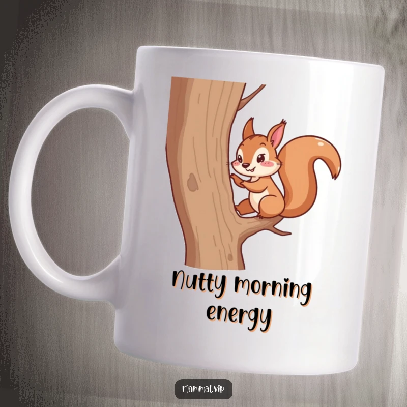Funny mug featuring an energetic squirrel character quickly scampering up a tree trunk. Lively animal action humor.