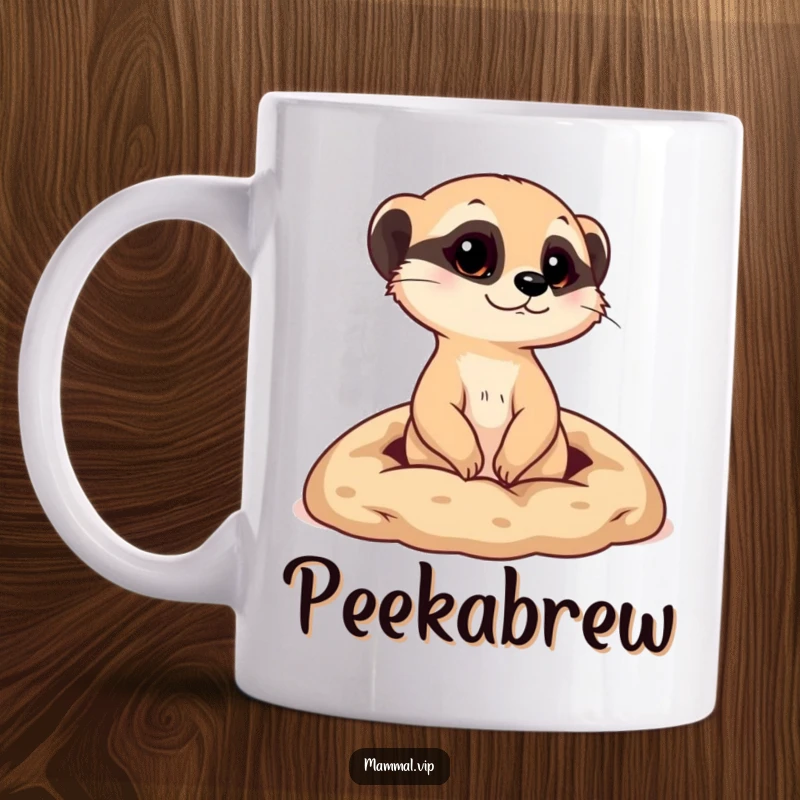 Funny mug with a curious meerkat character popping its head out from a small burrow, looking alert and interested.