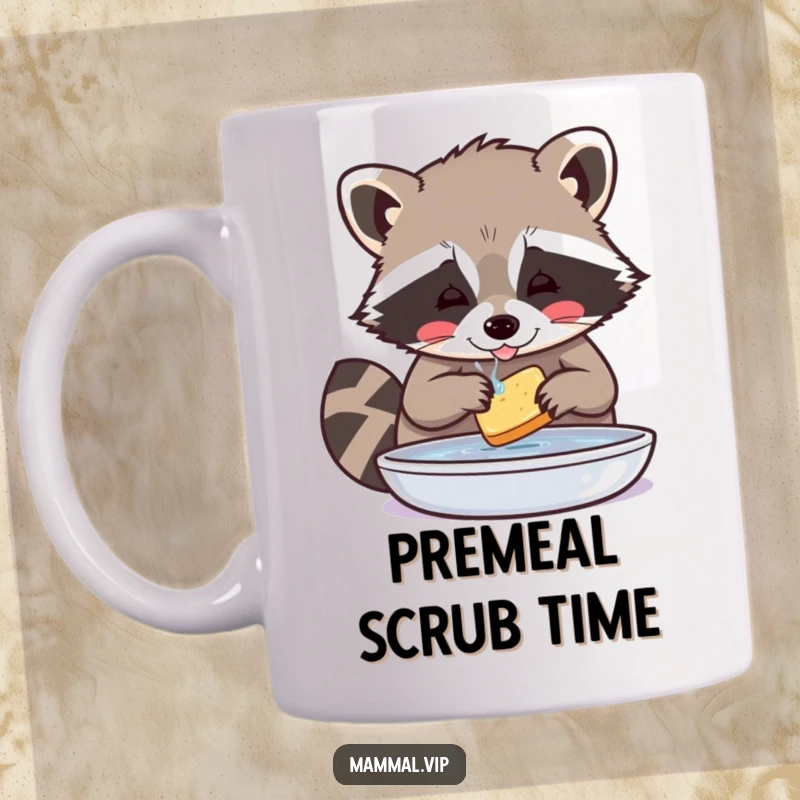 Funny Raccoon Mug: Playful raccoon character meticulously washes a tiny piece of food, showcasing a humorous dedication to cleanliness.