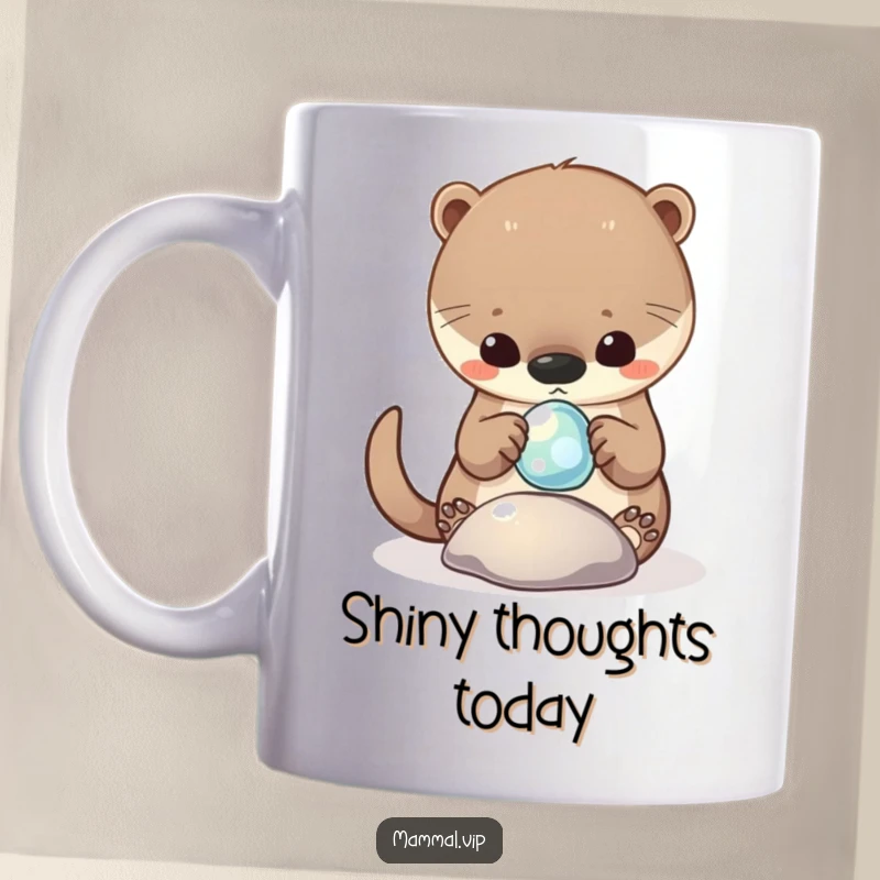 Funny Mug of a curious otter character gleefully playing with a shiny, floating pebble, showcasing pure contentment.